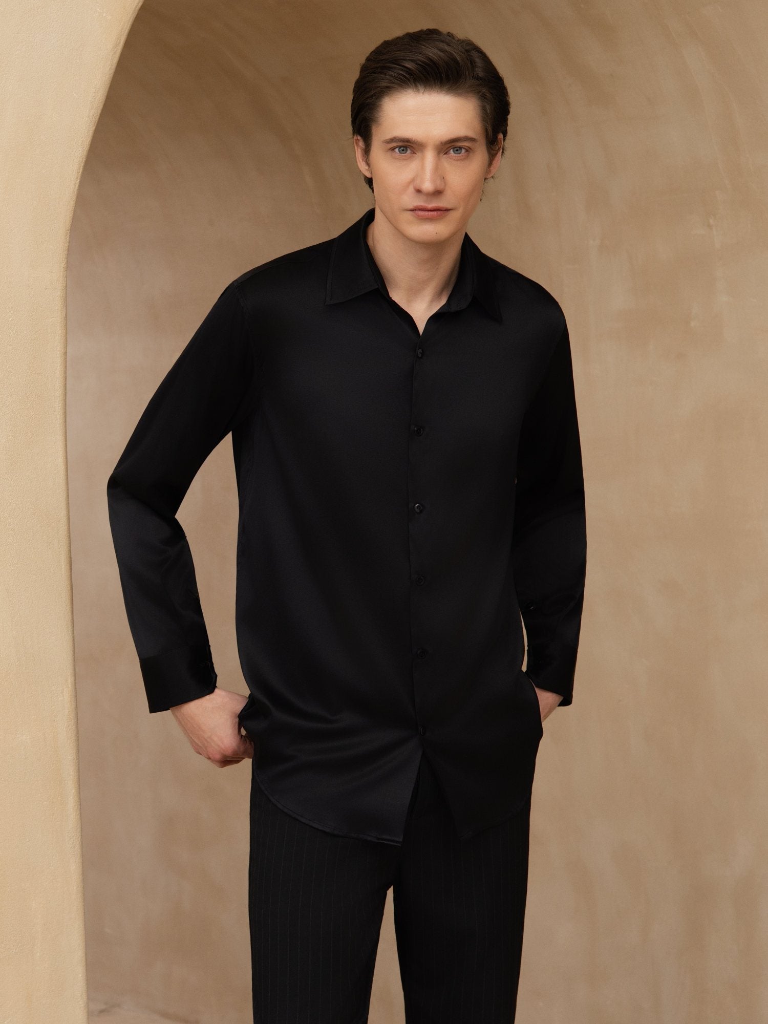 [Schwarz] SilkSilky-DE 19Momme Langärmelig Lapelkragen Herrenhemd 003