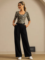 [Leopard] SilkSilky-DE Halblange Ärmel Tiefer Rundhalsausschnitt T-Shirt 007