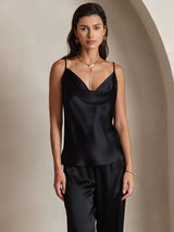 [Schwarz] SilkSilky-DE Spaghetti Strap Cowl Neck Cami Top 005