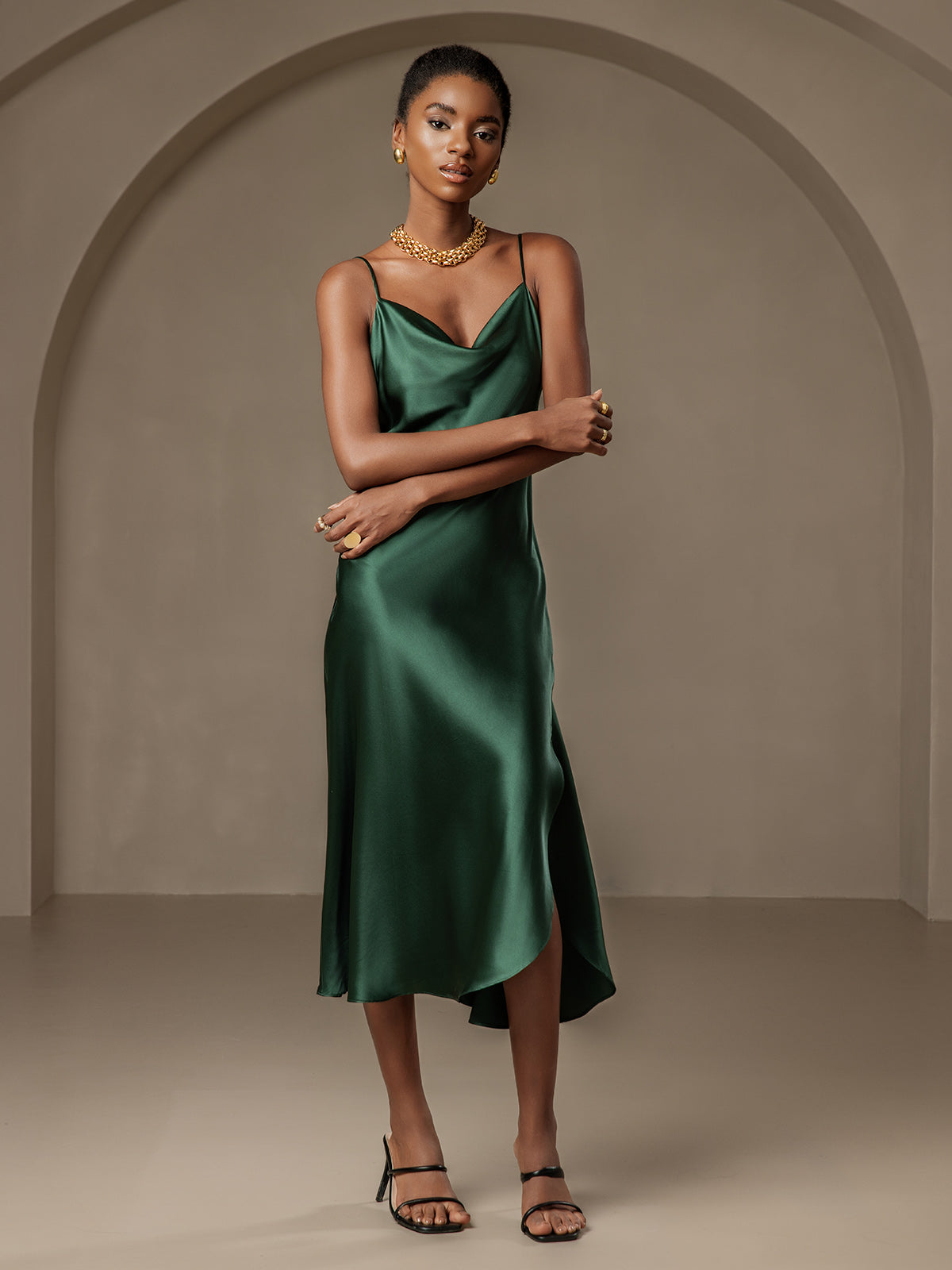[Dunkelgrün] SilkSilky-DE 19Momme Reine Seide Dress 005