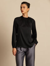 [Schwarz] SilkSilky-DE 19Momme Langärmelig Rundhalsausschnitt Bluse 004