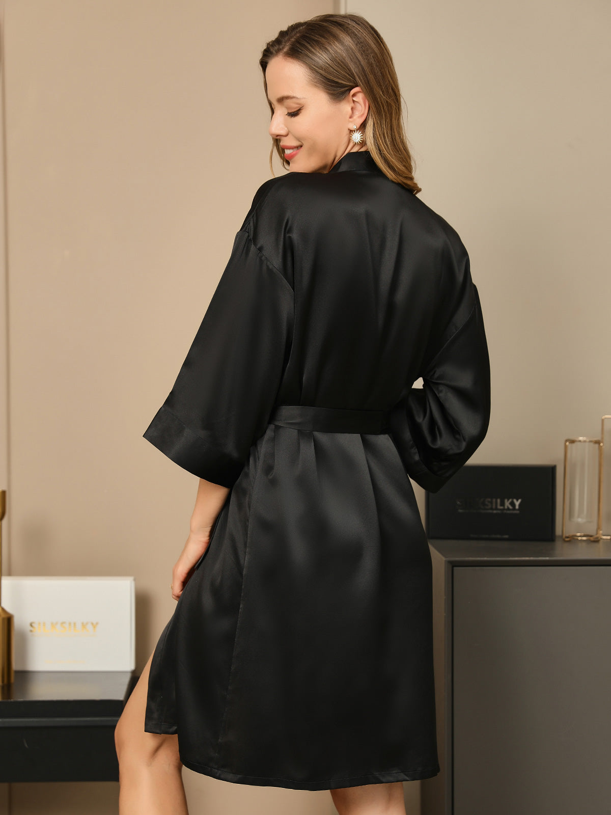 [Schwarz] SilkSilky-DE 3/4 Sleeve Damen Morgenmantel 002