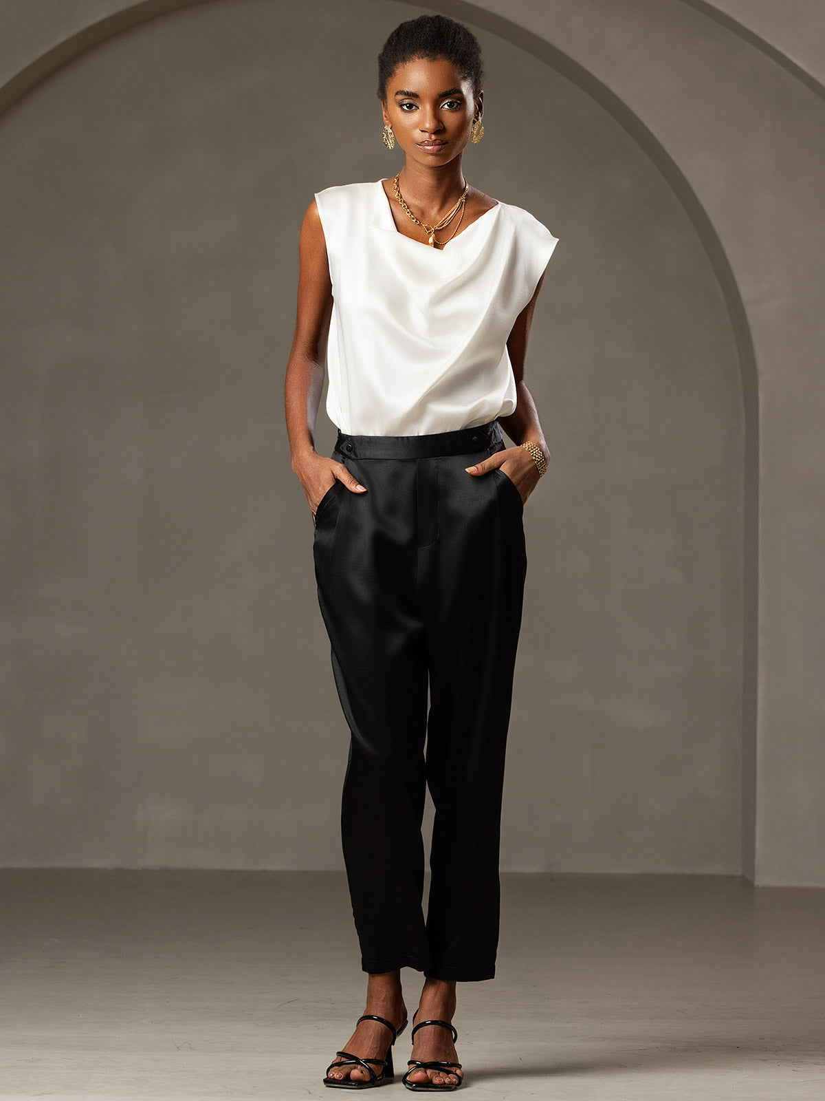 [Weiß] SilkSilky-DE 19Momme Seide Ärmellos Wasserfallausschnitt T-Shirt 006