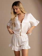 [Weiß] SilkSilky-DE Short Sleeve V Neck Damen Pyjamas 003