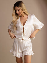 [Weiß] SilkSilky-DE Short Sleeve V Neck Damen Pyjamas 003
