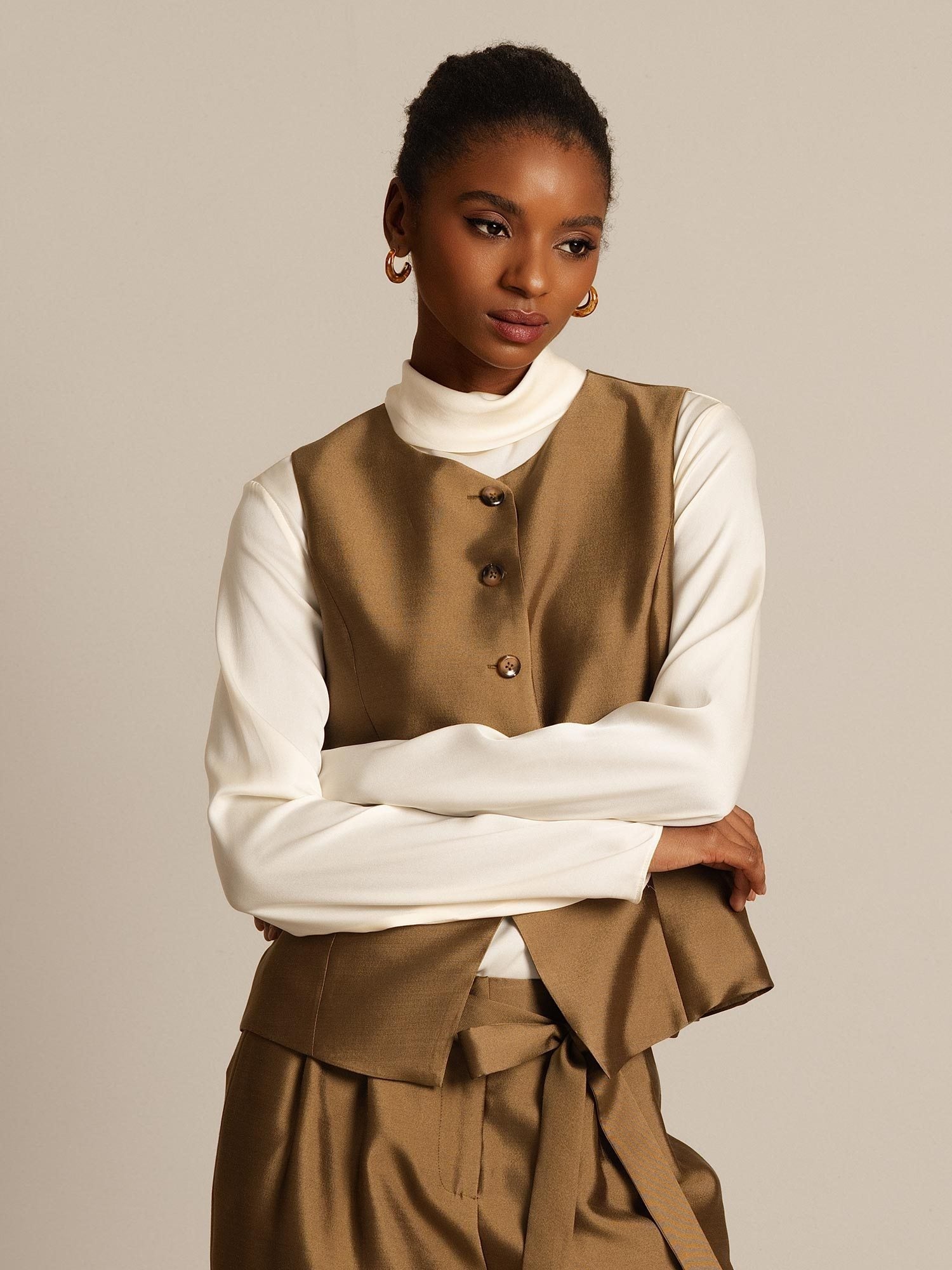 [Bronze] SilkSilky-DE 32Momme Silk-Wool Blend Womens Vest 008,