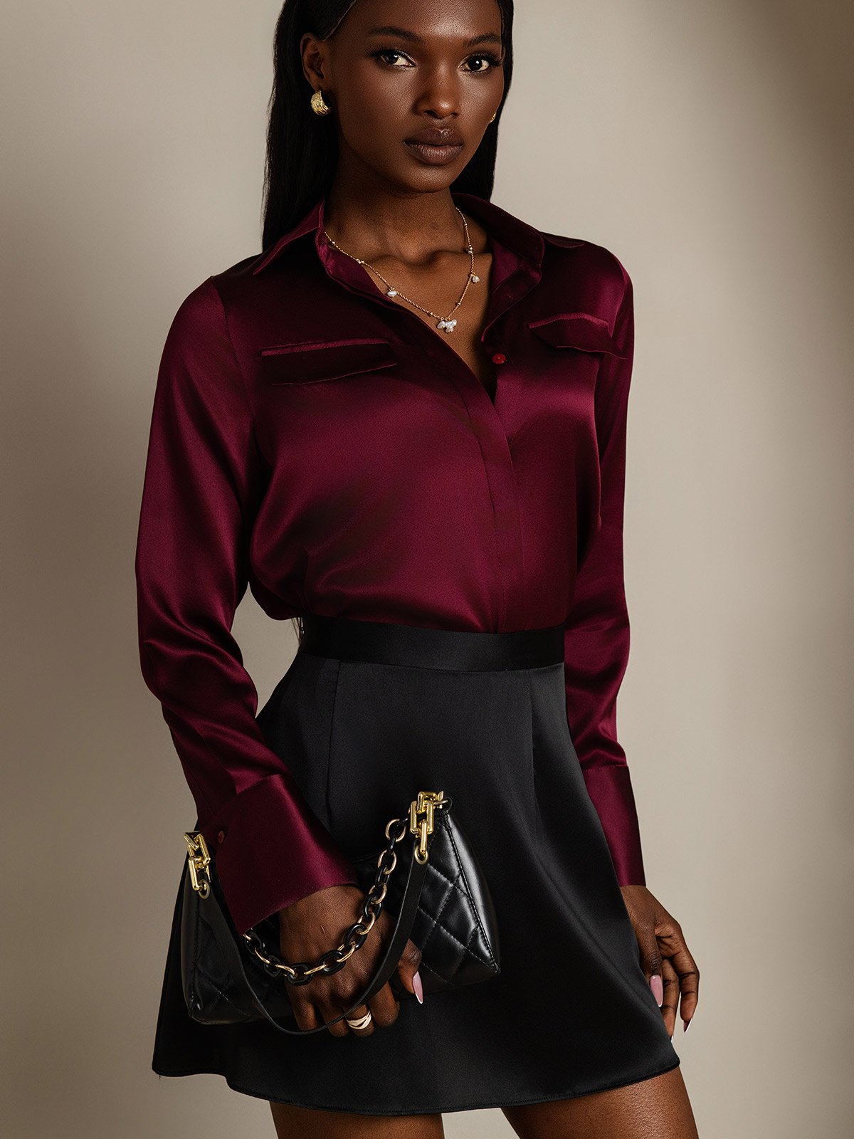 SilkSilky-DE 19Momme Seide Langärmelig Umlegekragen Damenhemd Dunkelrot 005