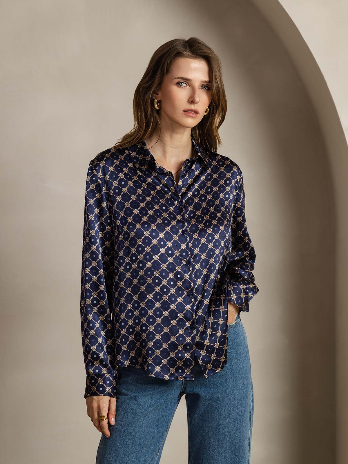 [Marine Kette] SilkSilky-DE Seide Langärmelig Umlegekragen Damenhemd 001