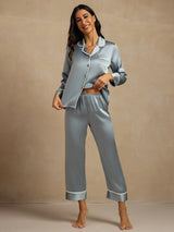 [Graublau] SilkSilky-DE Langärmelig Notch-Kragen Damen Pyjamas 003