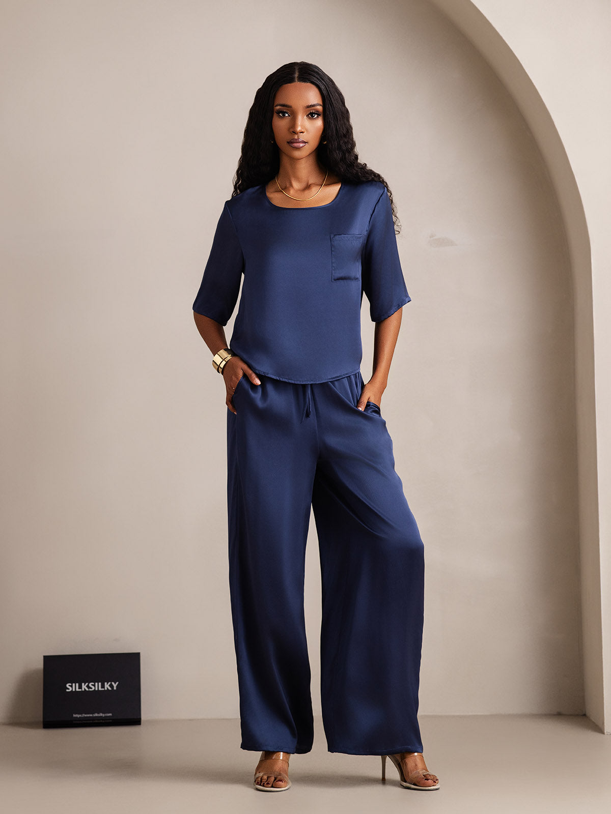 [Dunkelblau] SilkSilky-DE Reine Seide Womens Pajamas 001