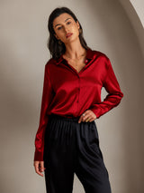 [Rot] SilkSilky-DE Long Sleeve Lapel Collar Damenhemd 004