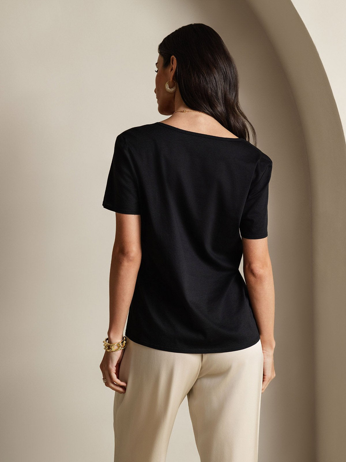 [Schwarz] SilkSilky-DE Seide Kurzärmelig U Ausschnitt T-Shirt 002
