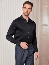 [Schwarz] SilkSilky-DE Langärmelig Umlegekragen Herrenhemd 004