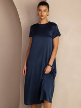 [Dunkelblau] SilkSilky-DE Short Sleeve Round Neck Kleider 006