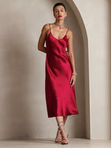 [Rotwein] SilkSilky-DE Sleeveless V Neck Kleider 001