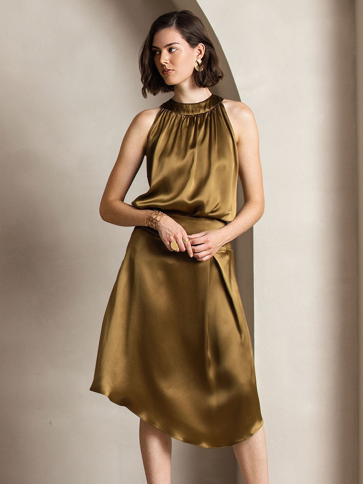 [Braun] SilkSilky-DE 19Momme Ärmellos Neckholder T-Shirt 007