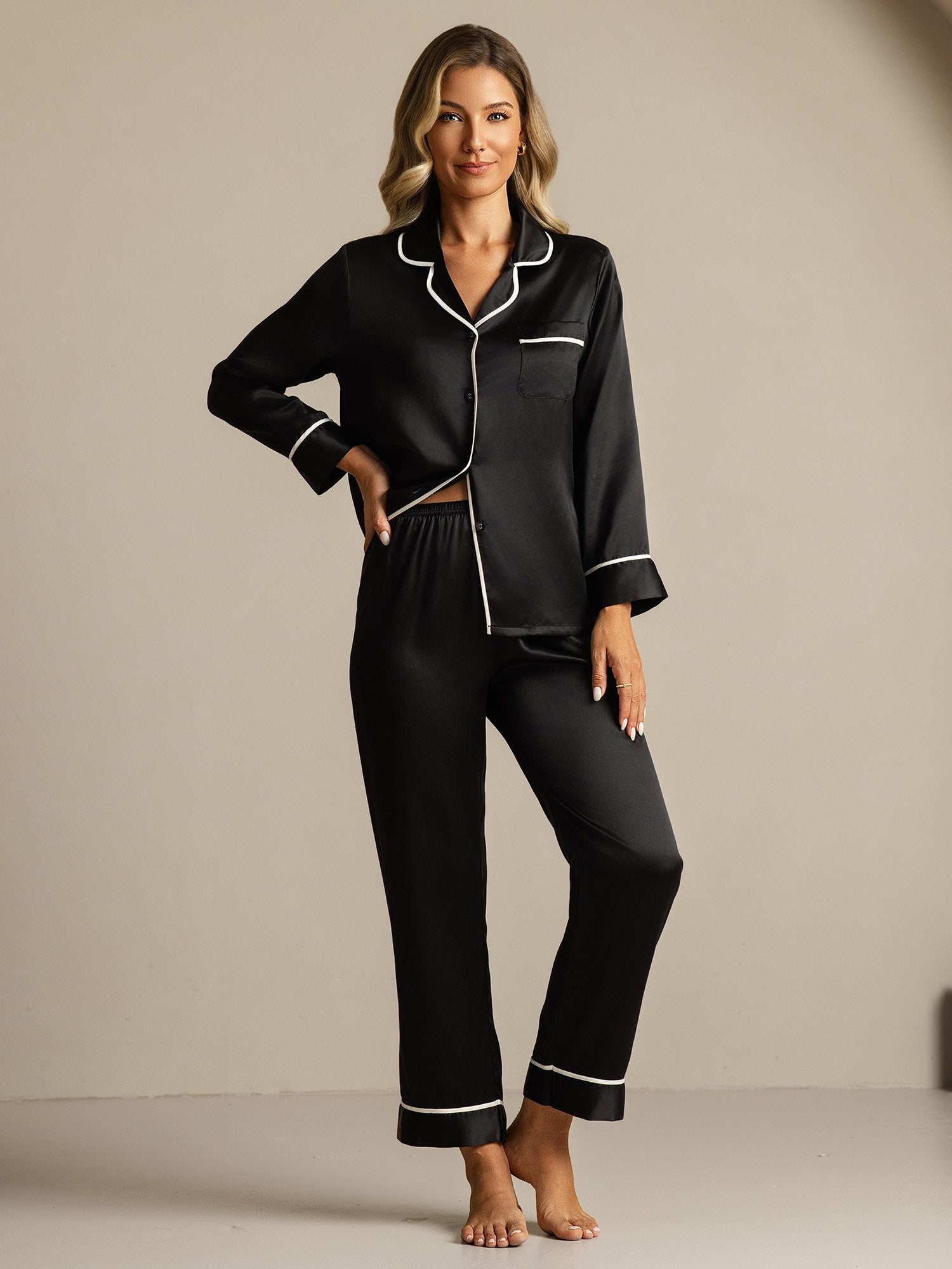 [Schwarz] SilkSilky-DE Reine Seide Umlegekragen Damen Pyjamas 006