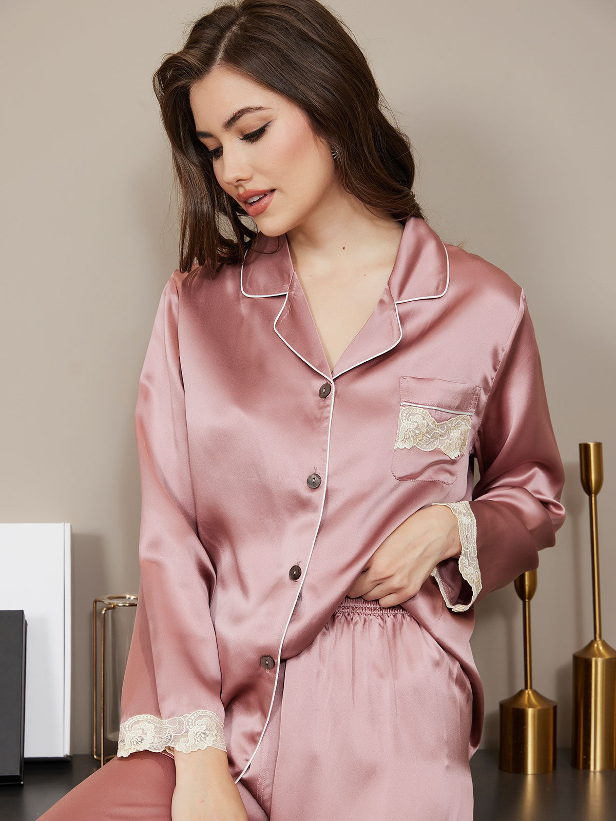 [Blasses Mauve] SilkSilky-DE Reine Seide Womens Pajamas 003