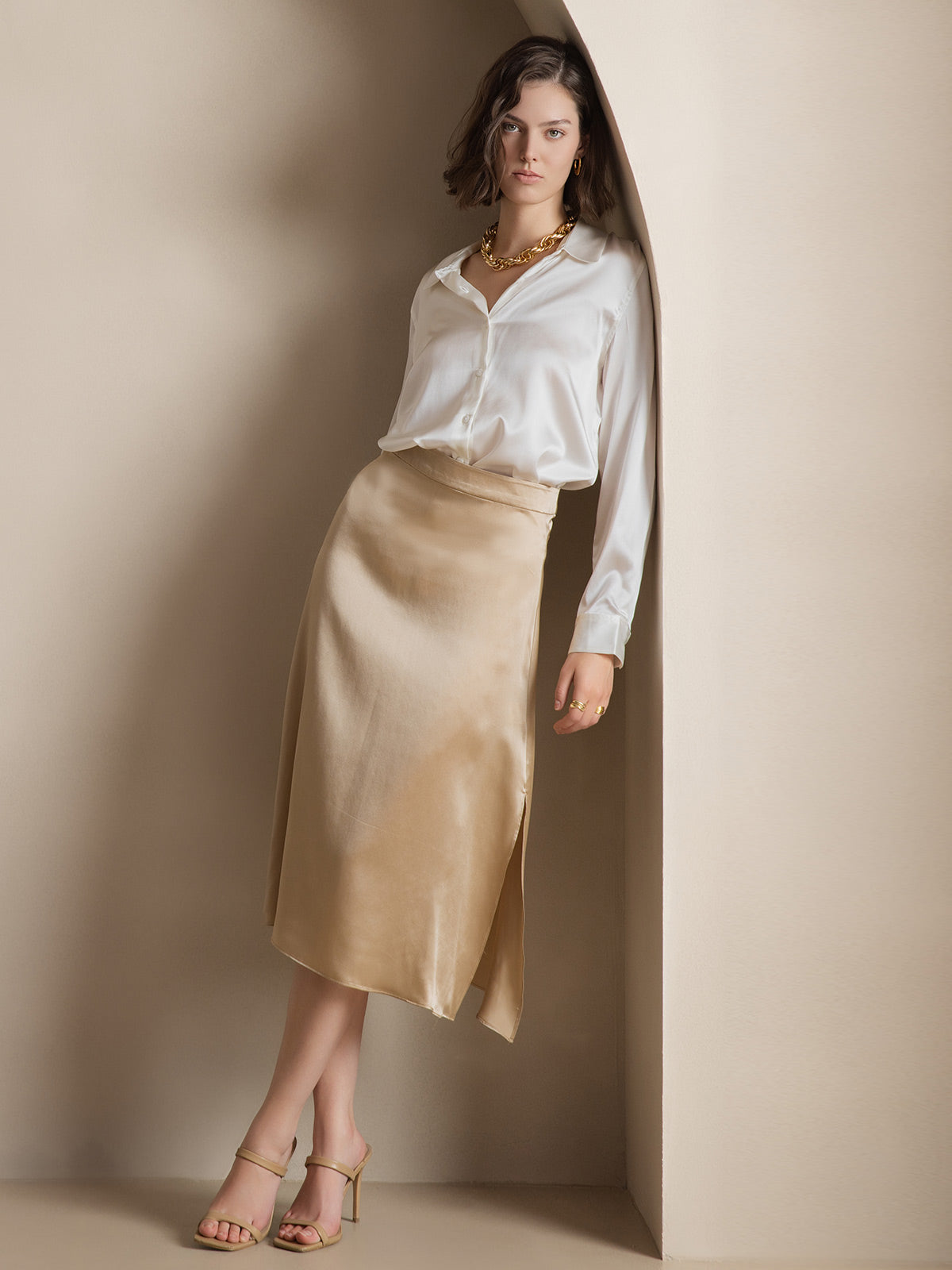 [Weiß] SilkSilky-DE Seide Umlegekragen Damenhemd 005,