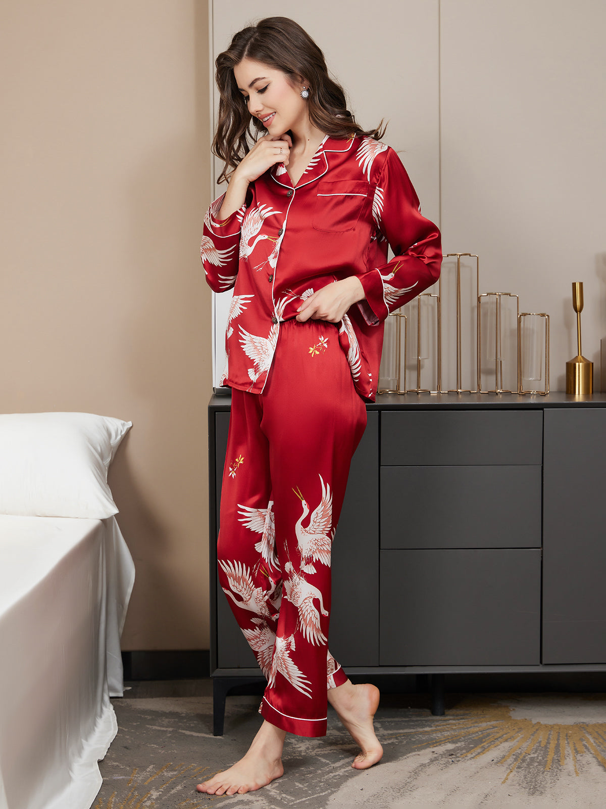 [Dunkelrot] SilkSilky-DE 19Momme Reine Seide Womens Pajamas 004