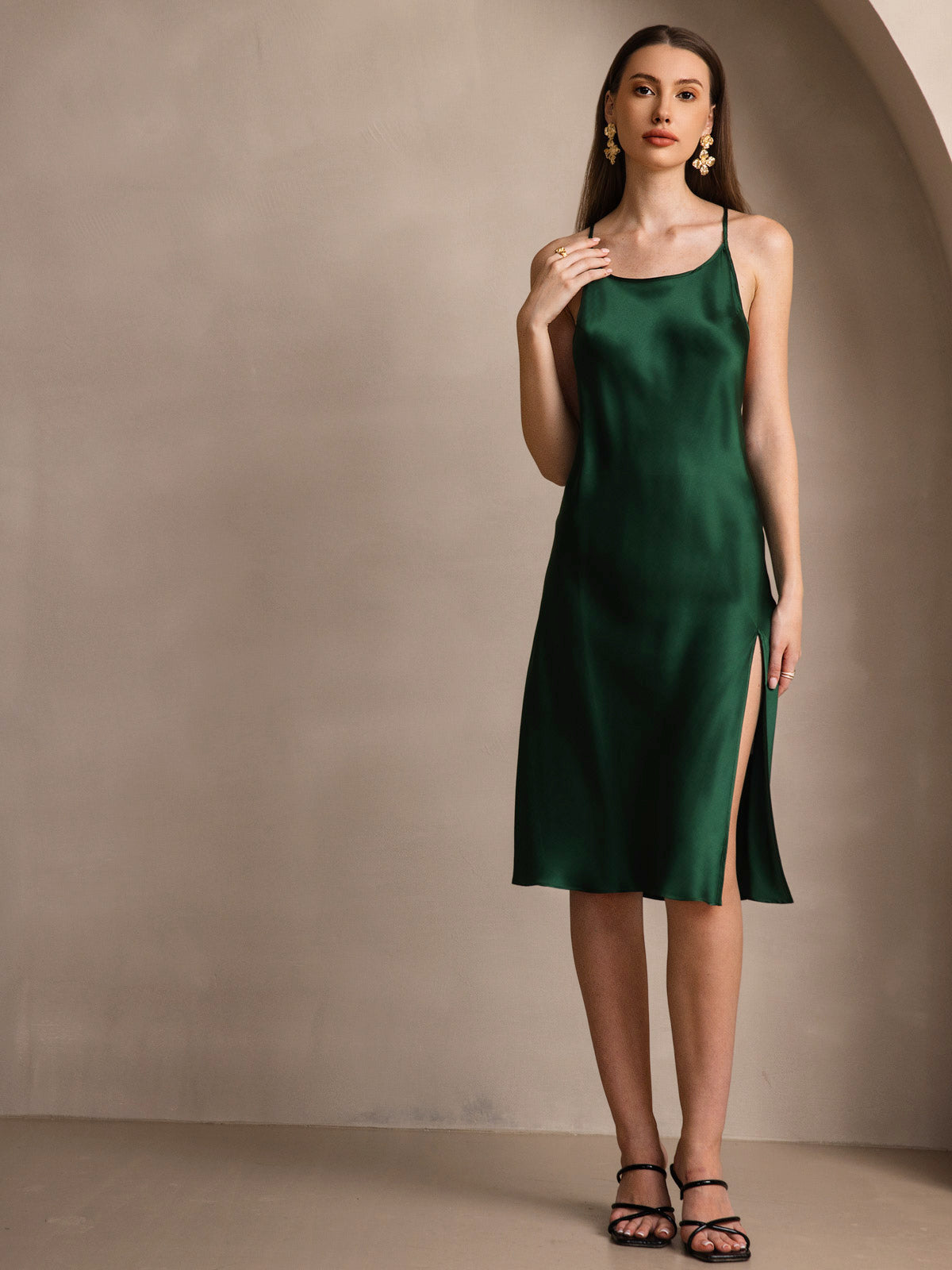[Dunkelgrün] SilkSilky-DE Reine Seide Dress 004
