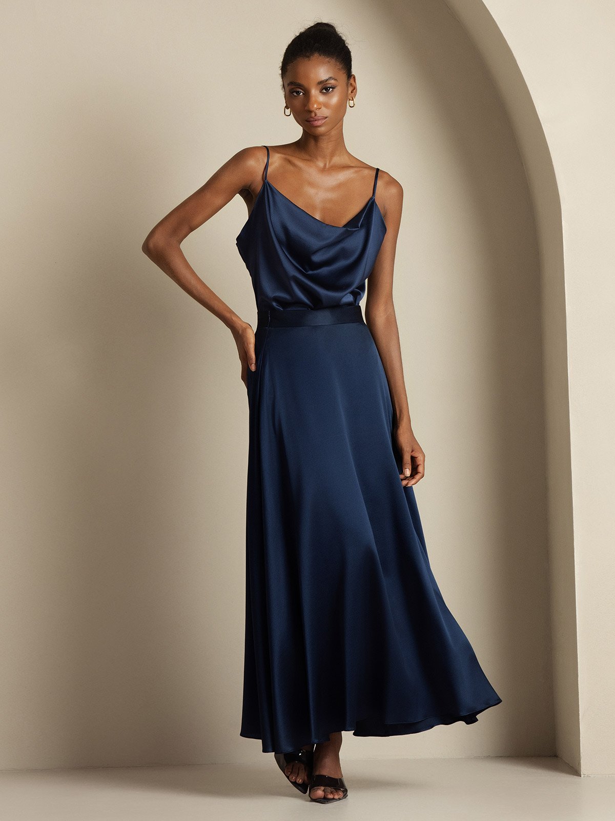 [Dunkelblau] SilkSilky-DE 19Momme Spaghettiträger Wasserfallausschnitt Women''s Outfit Sets 007