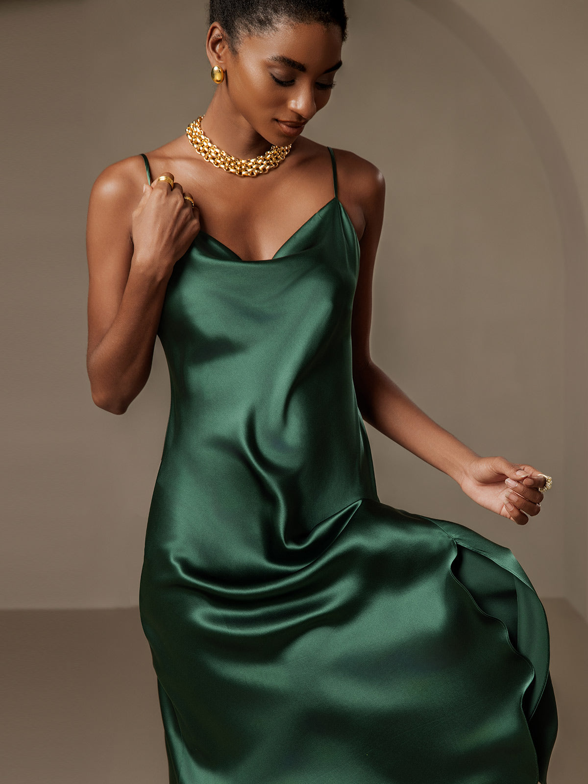 [Dunkelgrün] SilkSilky-DE 19Momme Reine Seide Dress 004