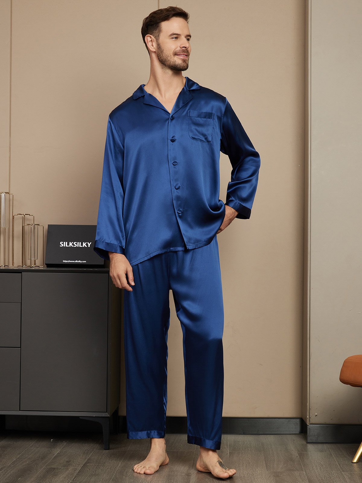 [Dunkelblau] SilkSilky-DE Reine Seide Mens Pajamas 005