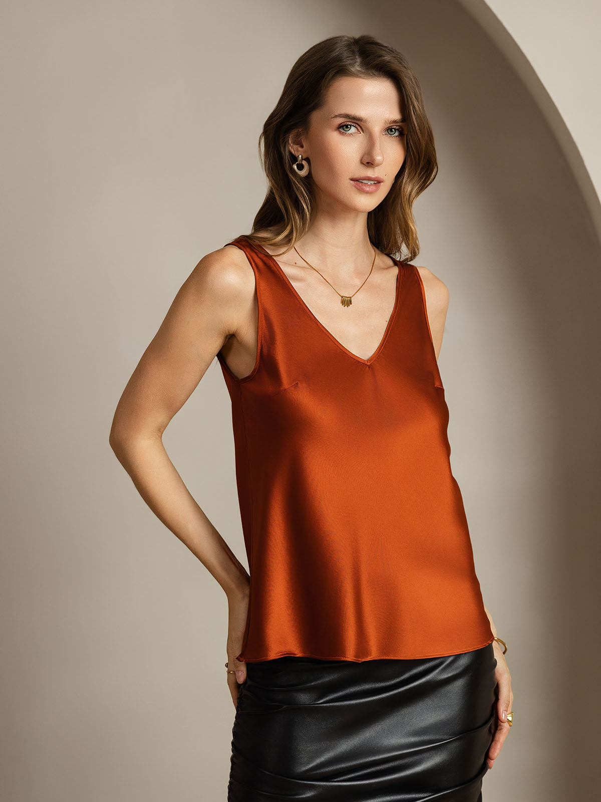 [Karamell] SilkSilky-DE 19Momme Seide V Ausschnitt Cami Top 002