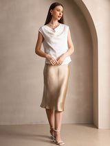 [Weiß] SilkSilky-DE Cap Sleeve Cowl Neck T-Shirt 007