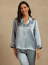 [Graublau] SilkSilky-DE Langärmelig Notch-Kragen Damen Pyjamas 009