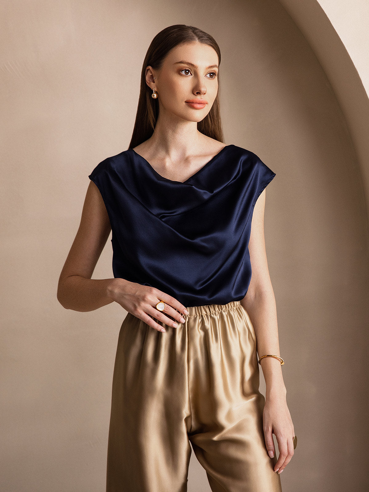 [Dunkelblau] SilkSilky-DE 19Momme Seide Womens T-Shirt 004