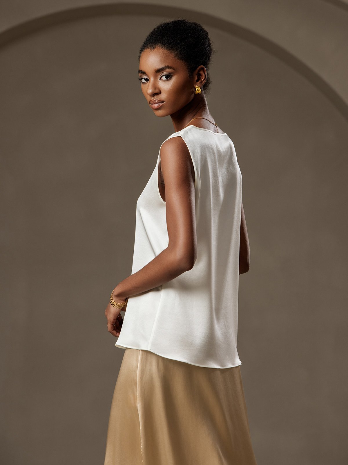 [Weiß] SilkSilky-DE 19Momme Ärmellos Rundhalsausschnitt Cami Top 004