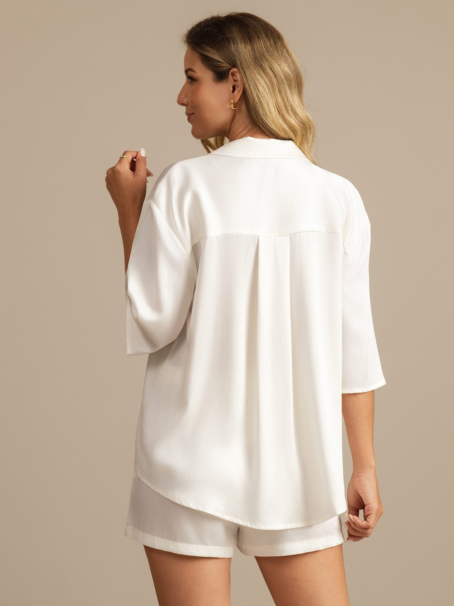 [Weiß] SilkSilky-DE 19Momme Reine Seide Umlegekragen Damen Pyjamas 002,