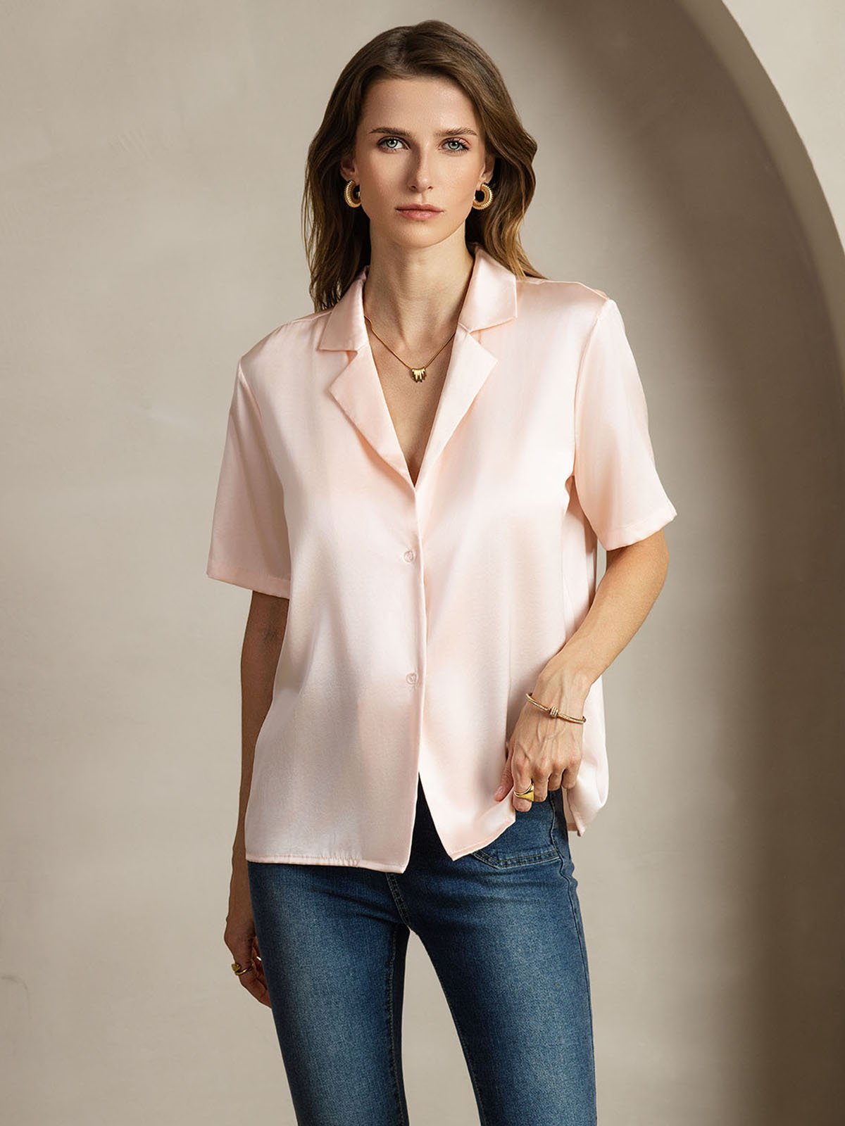 [Rosa] SilkSilky-DE 19Momme Seide Eingekerbter Kragen Damenhemd 005
