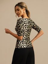 [Leopard] SilkSilky-DE Halblange Ärmel Tiefer Rundhalsausschnitt T-Shirt 002