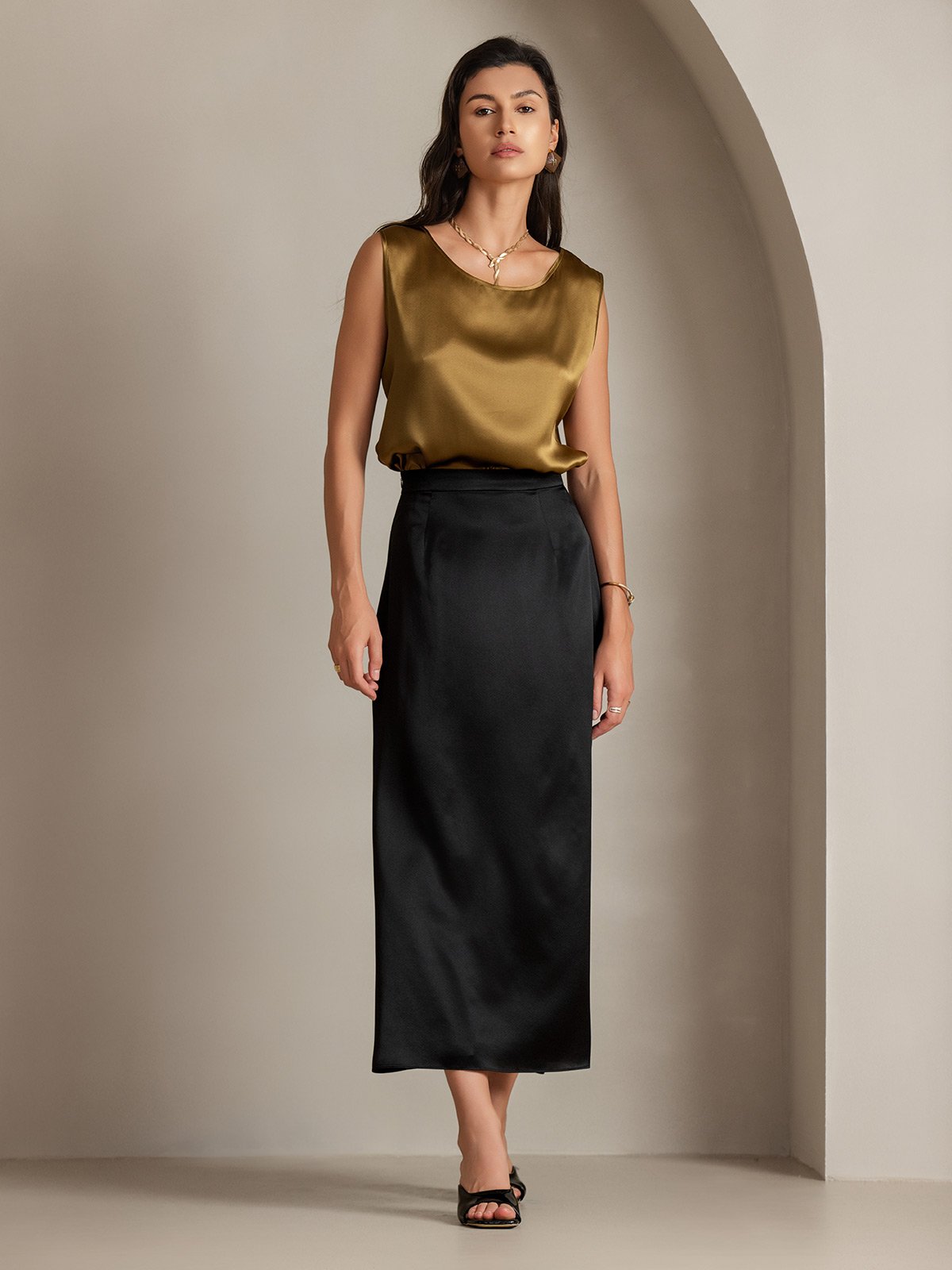 [Braun] SilkSilky-DE 19Momme Ärmellos Rundhalsausschnitt Cami Top 007