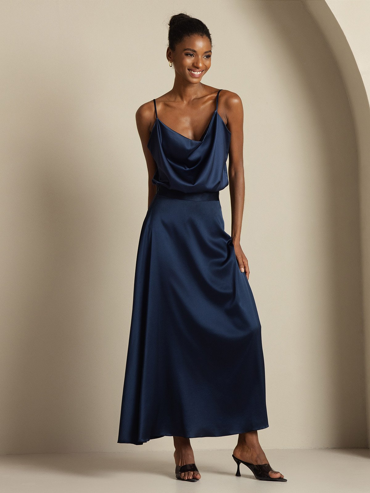 [Dunkelblau] SilkSilky-DE 19Momme Spaghettiträger Wasserfallausschnitt Women''s Outfit Sets 006