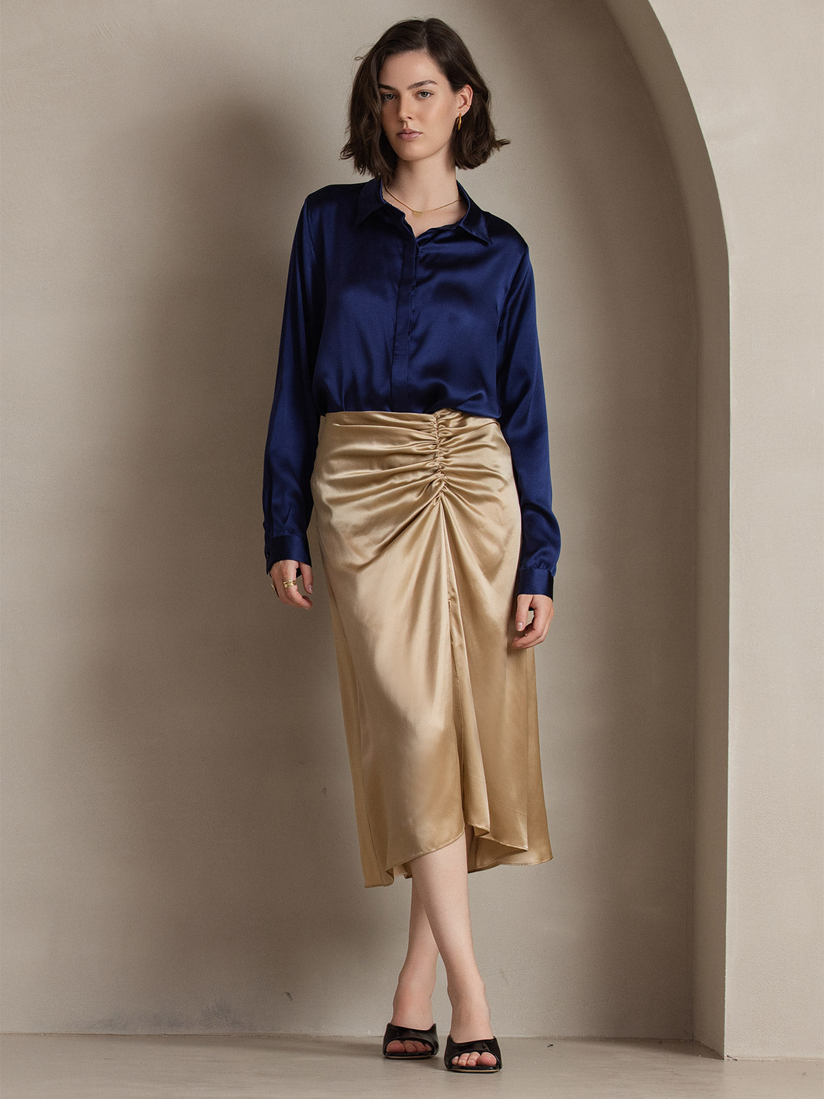 [Dunkelblau] SilkSilky-DE 19Momme Seide Lapel Collar Damenhemd 004