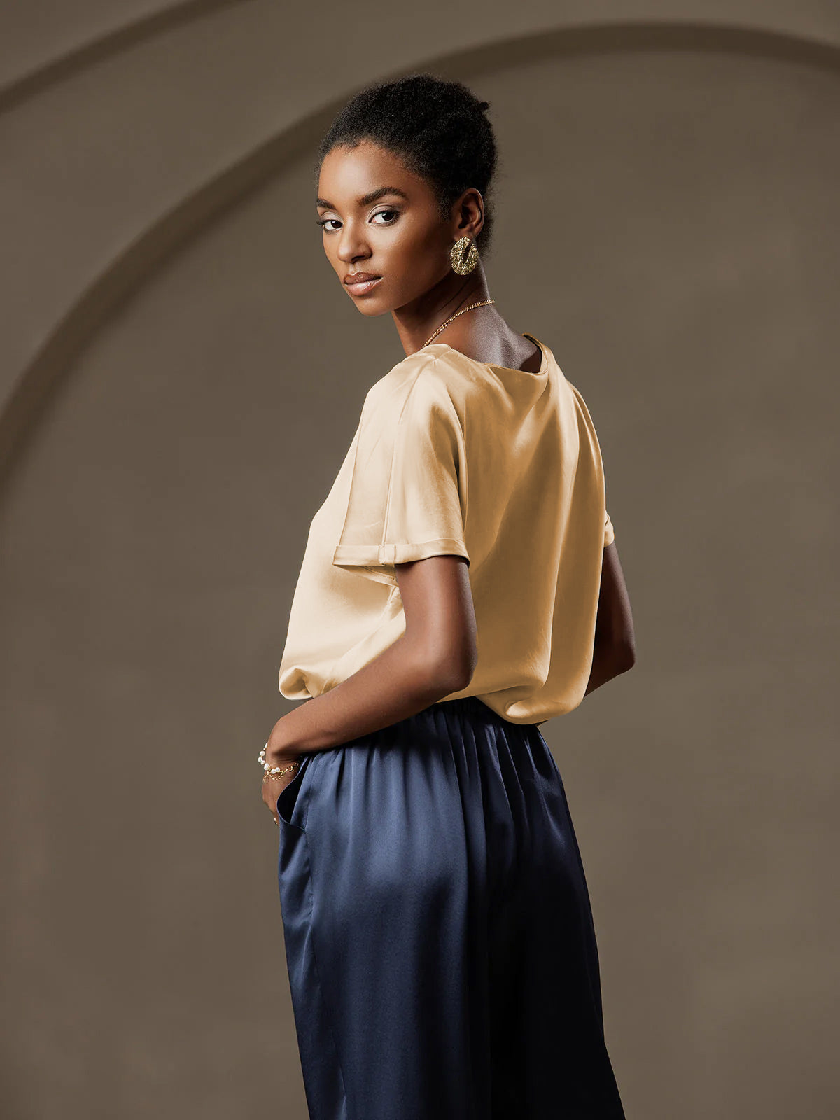 [Champagner] SilkSilky-DE 19Momme Seide Womens T-Shirt 004