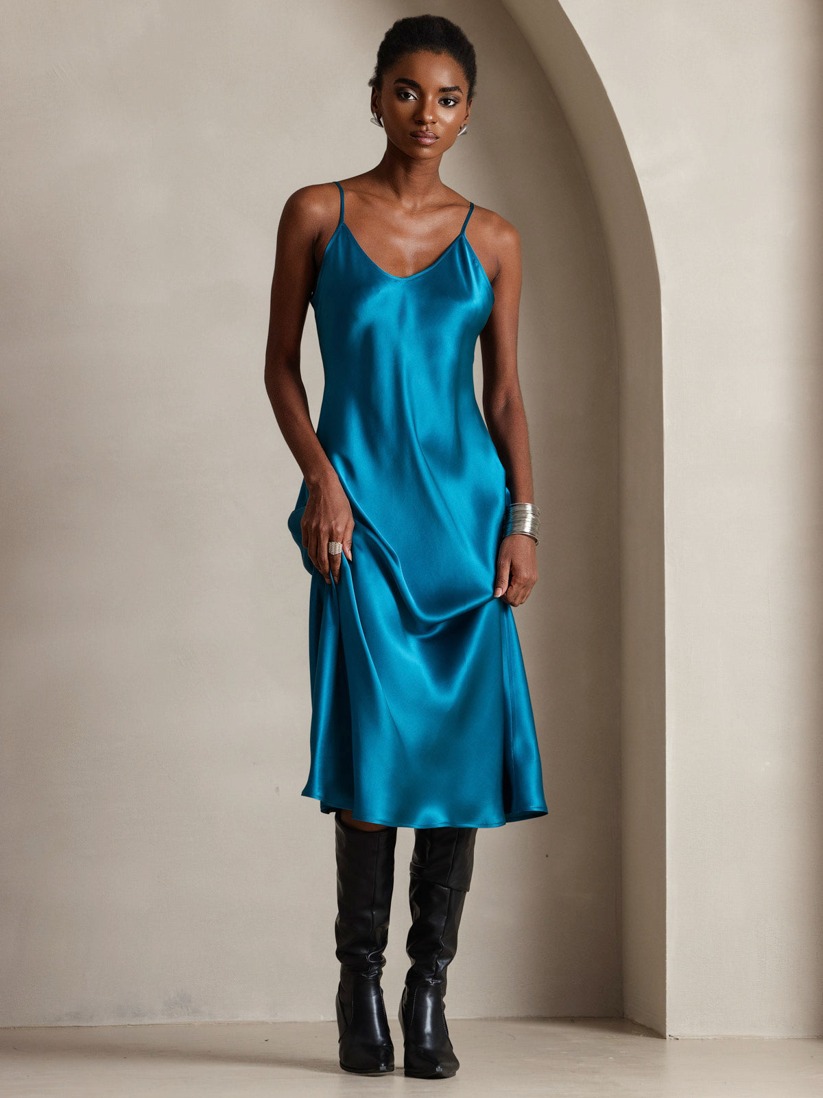 [König Blau] SilkSilky-DE Reine Seide Dress 004