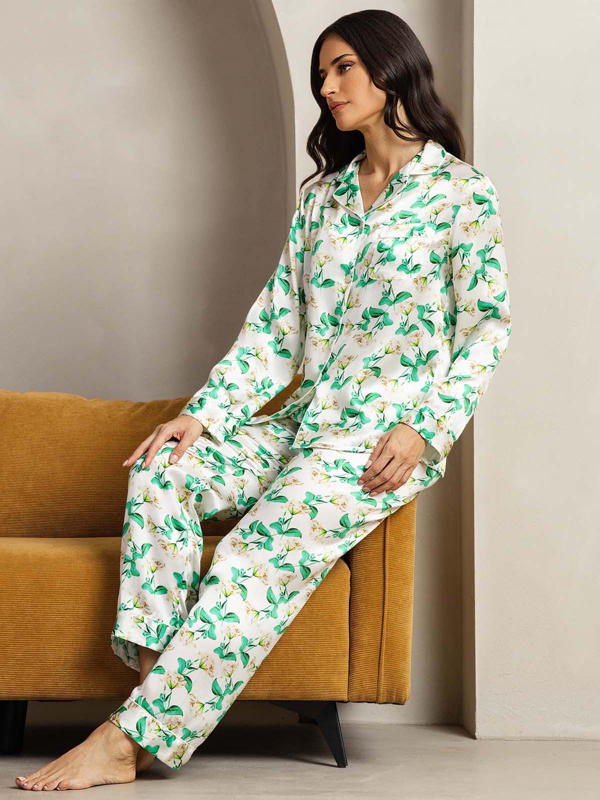 [Grün Blumen] SilkSilky-DE Reine Seide Womens Pajamas 004