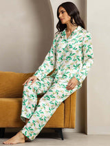 [Grün Blumen] SilkSilky-DE Reine Seide Womens Pajamas 005,