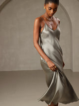 [Graugrün] SilkSilky-DE Sleeveless V Neck Kleider 004