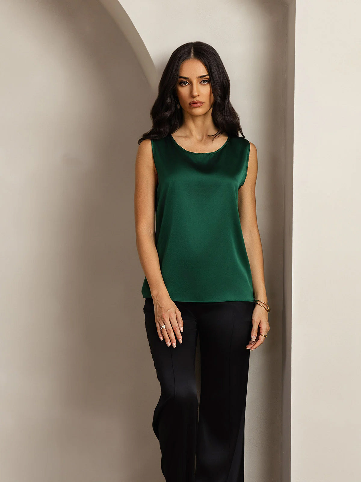 [Dunkelgrün] SilkSilky-DE 19Momme Ärmellos Rundhalsausschnitt Cami Top 003