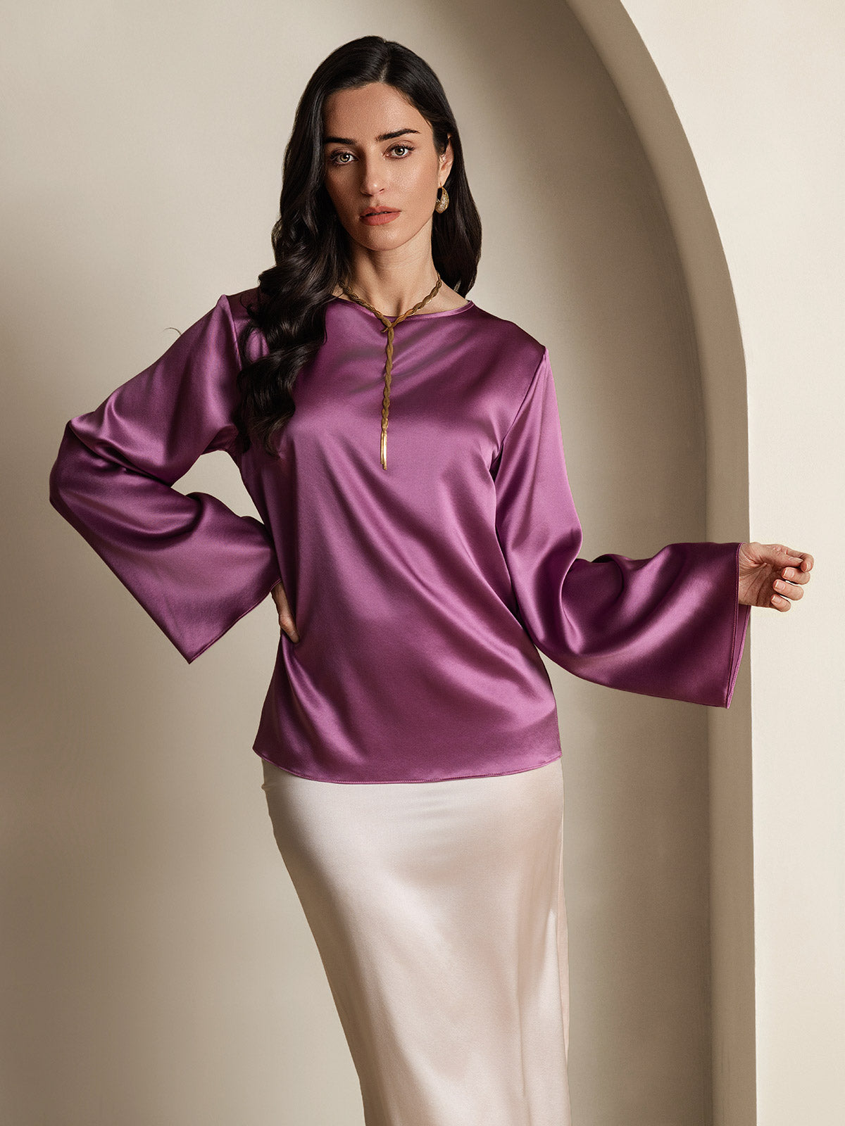 [Dunkelviolett] SilkSilky-DE 19Momme Seide Womens T-Shirt 003