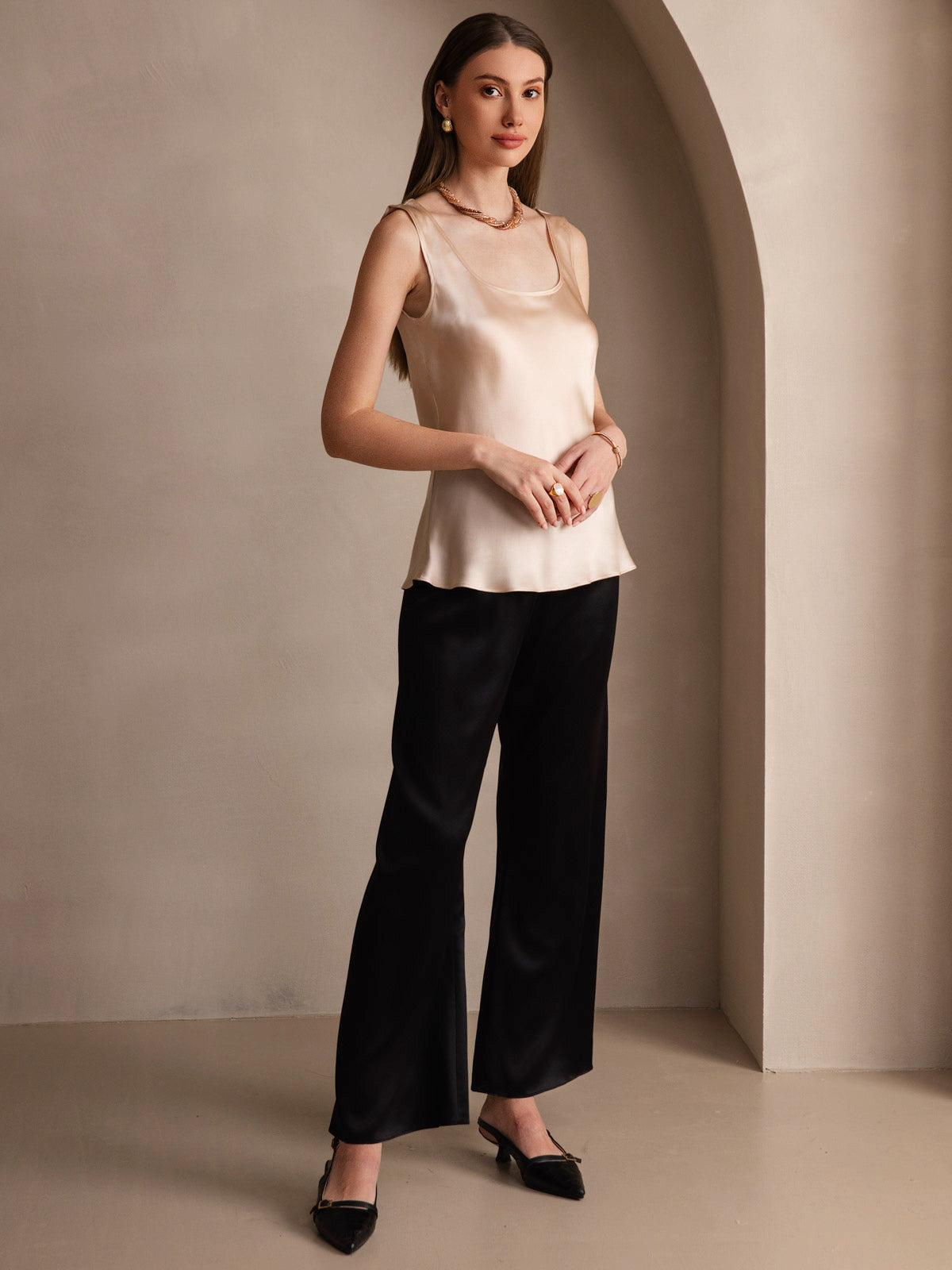 [Champagner] SilkSilky-DE 19Momme Ärmellos Tiefer Rundhalsausschnitt Cami Top 006