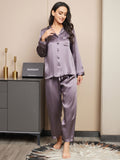 SilkSilky-DE Reine Seide Langärmelig Revers Damen Pyjamas LilaGrau 003