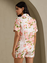 [Weiße Pfingstrose] SilkSilky-DE Short Sleeve Notch Collar Damen Pyjamas 002