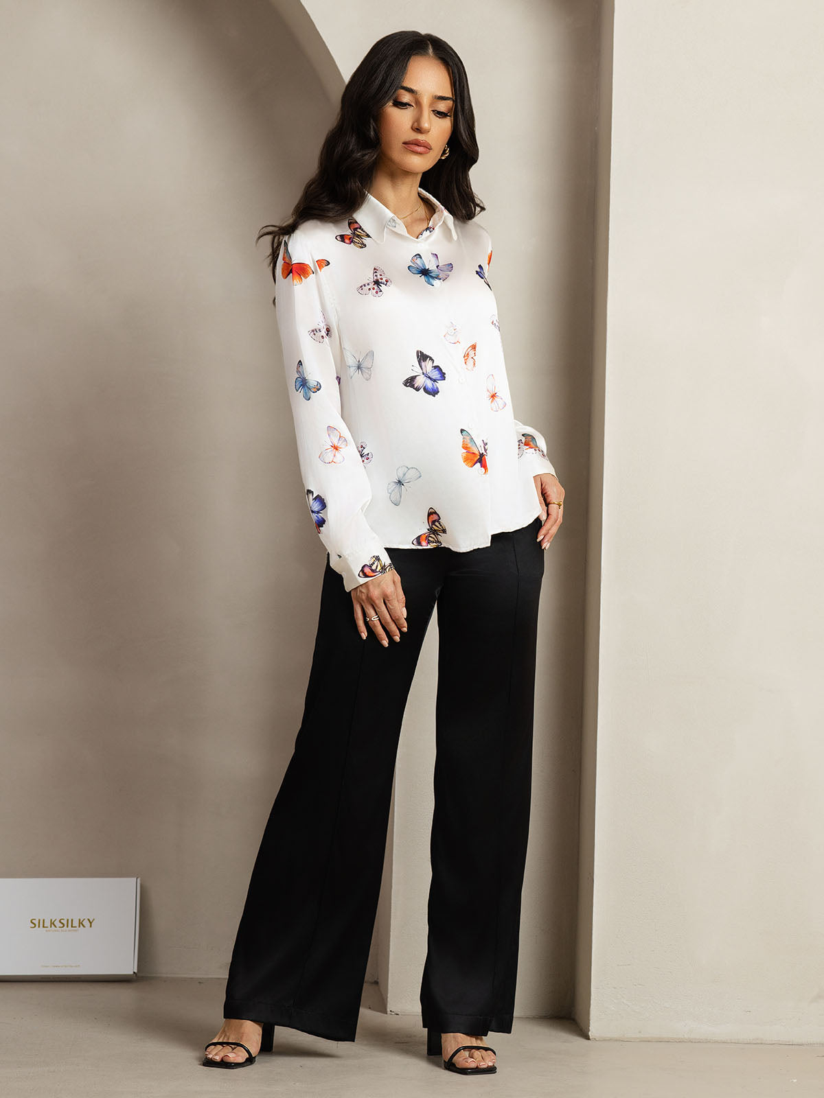 [Weiß Schmetterling] SilkSilky-DE Seide Langärmelig Umlegekragen Damenhemd 007